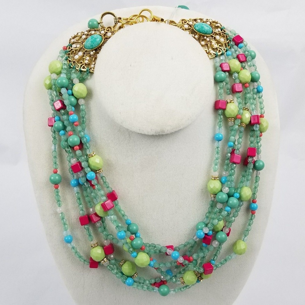 AQUA collar necklace 7 strands pink turquoise - Picture 2 of 8